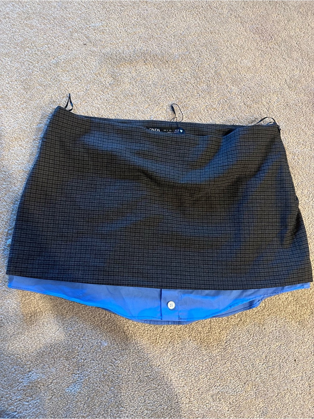 NWOT Zara Brown Plaid Mini Skirt with Faux Shirt Hem